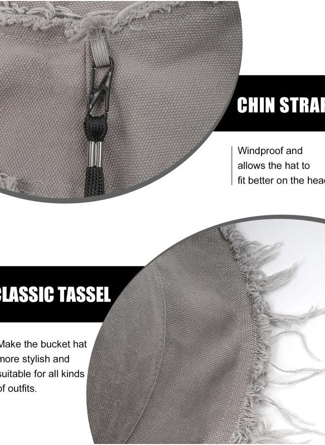 Fringe Bucket Hats for Big Heads,Tassel Summer Fishing Sun Hats,Packable Wide Brim Travel Hats,Unisex Canvas Beach Hat Gray