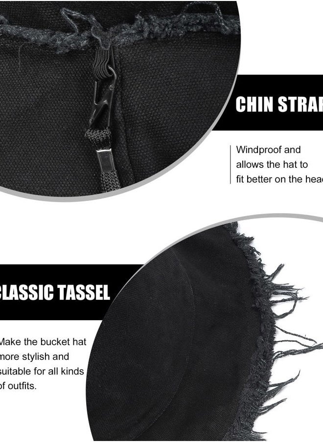 Fringe Bucket Hats for Big Heads,Tassel Summer Fishing Sun Hats,Packable Wide Brim Travel Hats,Unisex Canvas Beach Hat Black