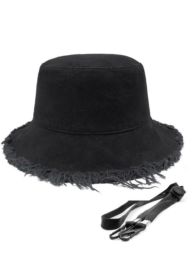 Fringe Bucket Hats for Big Heads,Tassel Summer Fishing Sun Hats,Packable Wide Brim Travel Hats,Unisex Canvas Beach Hat Black