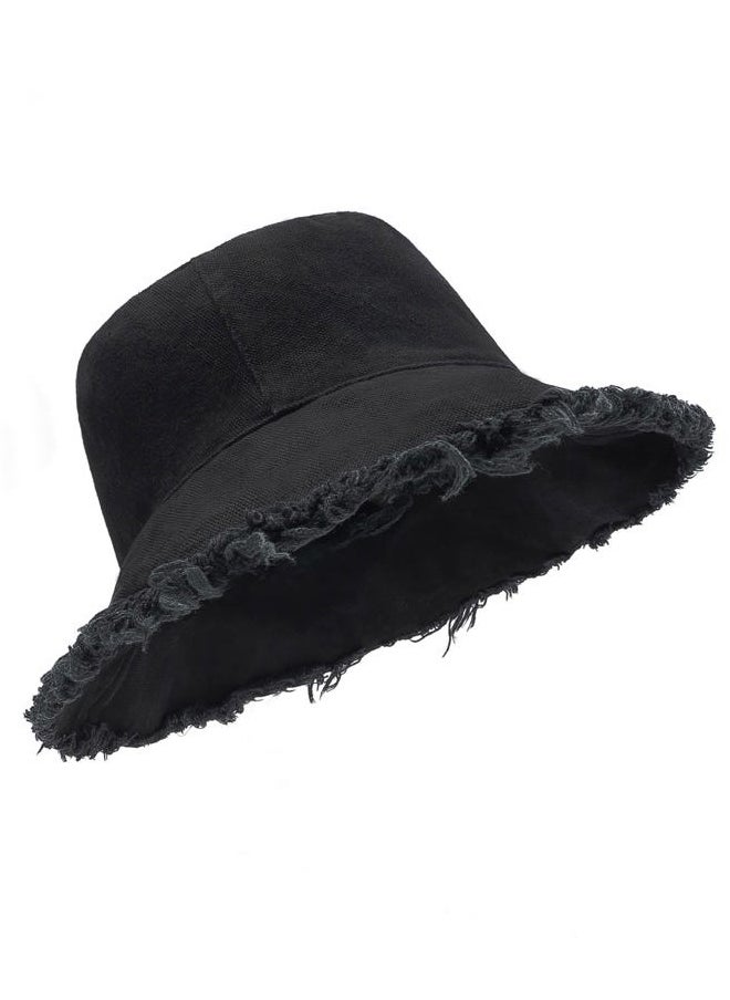 Fringe Bucket Hats for Big Heads,Tassel Summer Fishing Sun Hats,Packable Wide Brim Travel Hats,Unisex Canvas Beach Hat Black