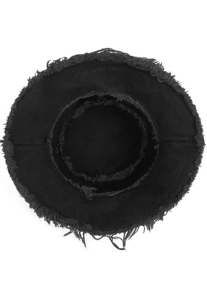 Fringe Bucket Hats for Big Heads,Tassel Summer Fishing Sun Hats,Packable Wide Brim Travel Hats,Unisex Canvas Beach Hat Black
