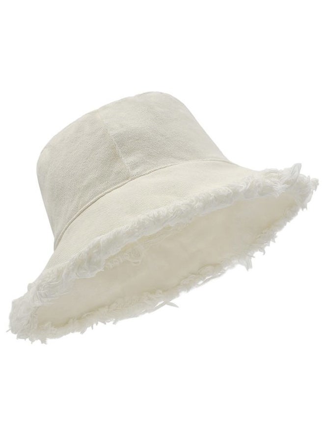 Stylish Tassel Floppy Bucket Sun Hats,UV Frayed Fishing Hats with Chin Strap,Breathable Fringe Sunblock Travel Hats Beige