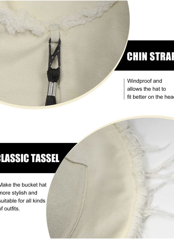 Little Size Fringe Bucket Sun Hats,Tassel Summer Hats with Chin Strap,Packable Outdoor Travel Beach Hat for Outdoor Beige