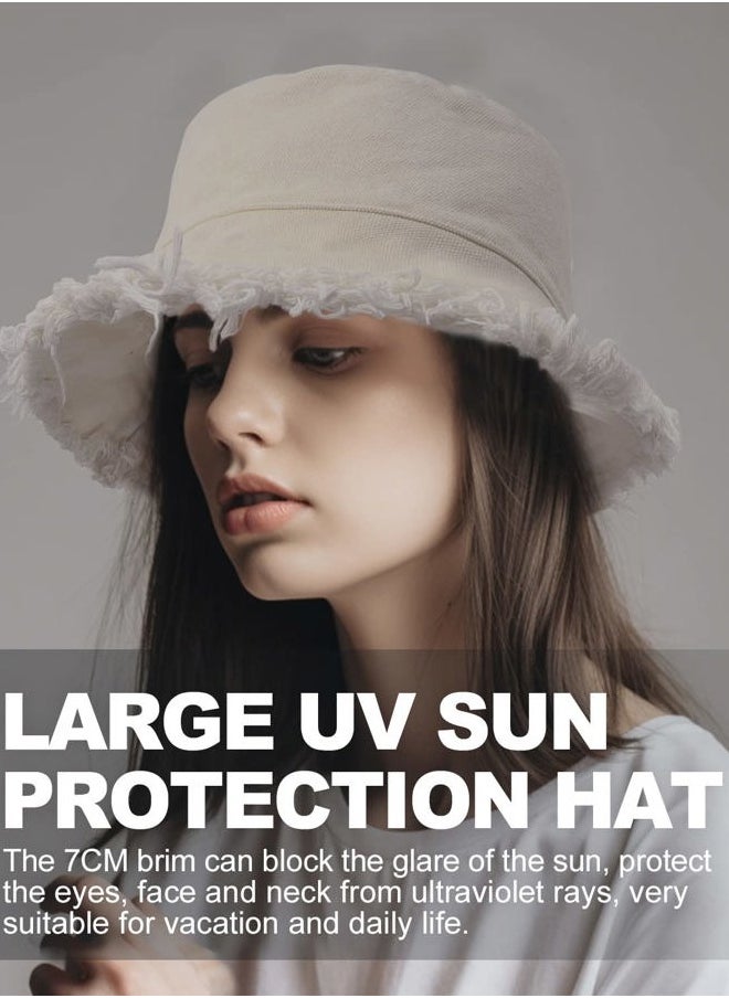 Little Size Fringe Bucket Sun Hats,Tassel Summer Hats with Chin Strap,Packable Outdoor Travel Beach Hat for Outdoor Beige
