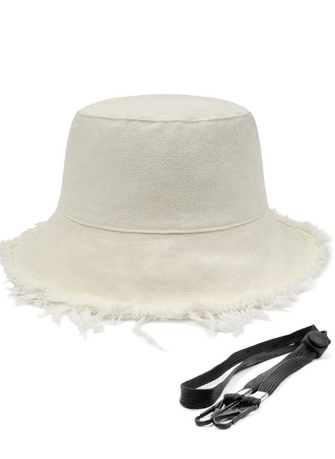Little Size Fringe Bucket Sun Hats,Tassel Summer Hats with Chin Strap,Packable Outdoor Travel Beach Hat for Outdoor Beige