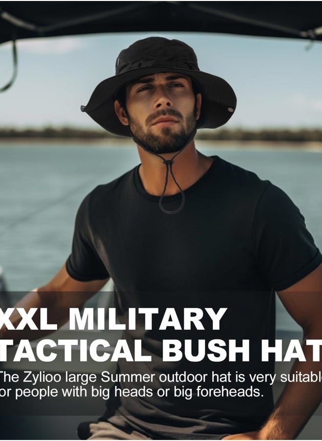 Large Wide Brim Safari Sun Hats,Big Head Summer Fishing Hats,UV Outdoor Military Hats with Adjustable String Black