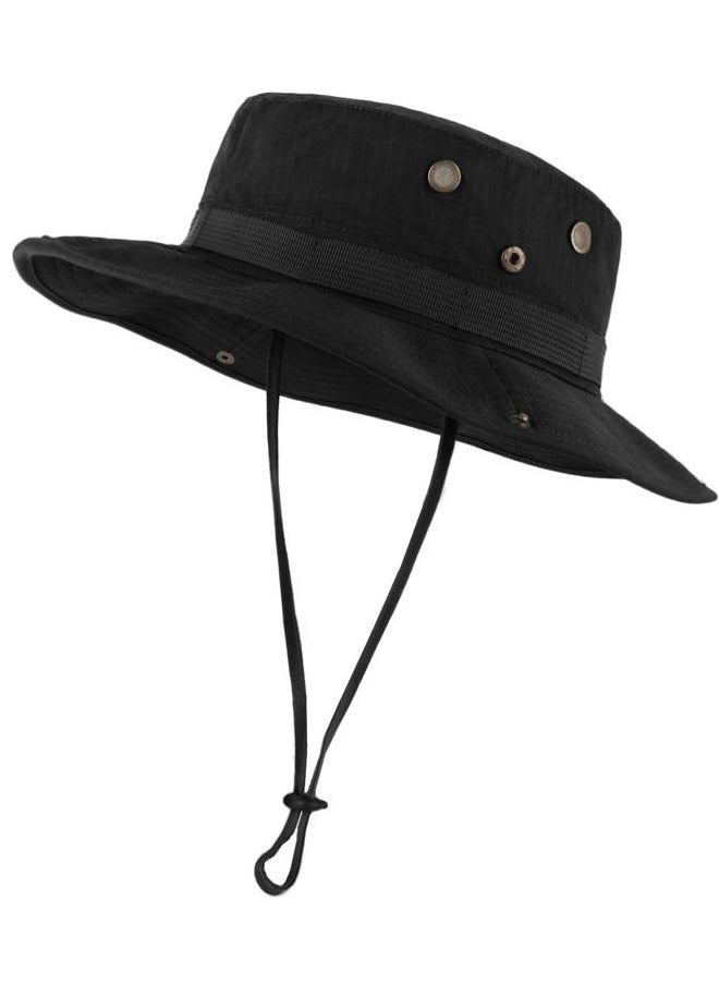 Large Wide Brim Safari Sun Hats,Big Head Summer Fishing Hats,UV Outdoor Military Hats with Adjustable String Black