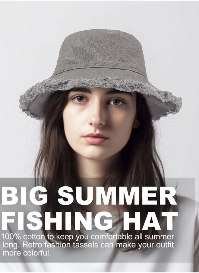 Stylish Tassel Floppy Bucket Sun Hats,UV Frayed Fishing Hats with Chin Strap,Breathable Fringe Sunblock Travel Hats Black