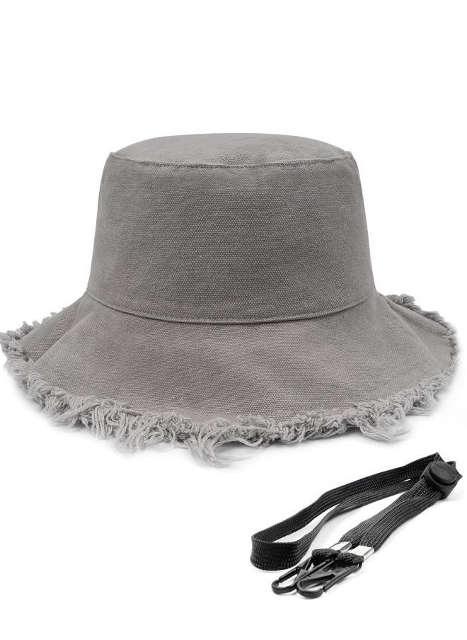Stylish Tassel Floppy Bucket Sun Hats,UV Frayed Fishing Hats with Chin Strap,Breathable Fringe Sunblock Travel Hats Gray