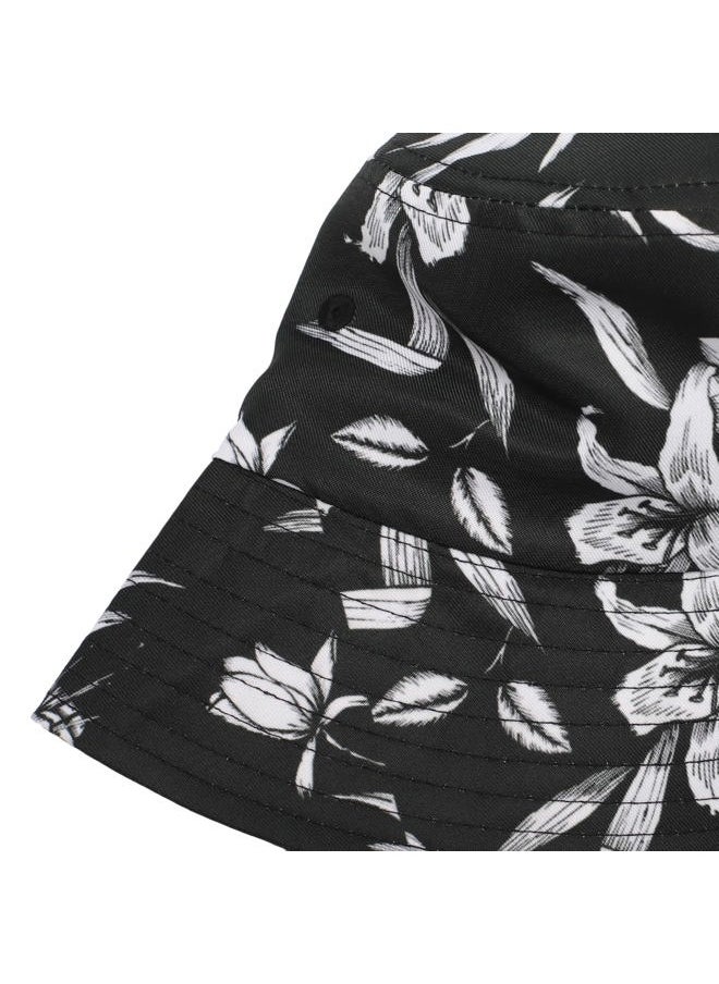 Unisex Cute Animal Print Travel Bucket Hat Summer Fisherman Cap (Black and White Flowers)