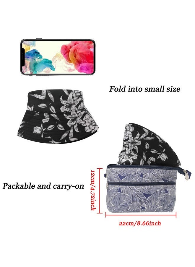 Unisex Cute Animal Print Travel Bucket Hat Summer Fisherman Cap (Black and White Flowers)
