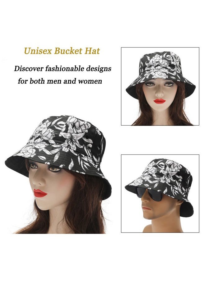 Unisex Cute Animal Print Travel Bucket Hat Summer Fisherman Cap (Black and White Flowers)