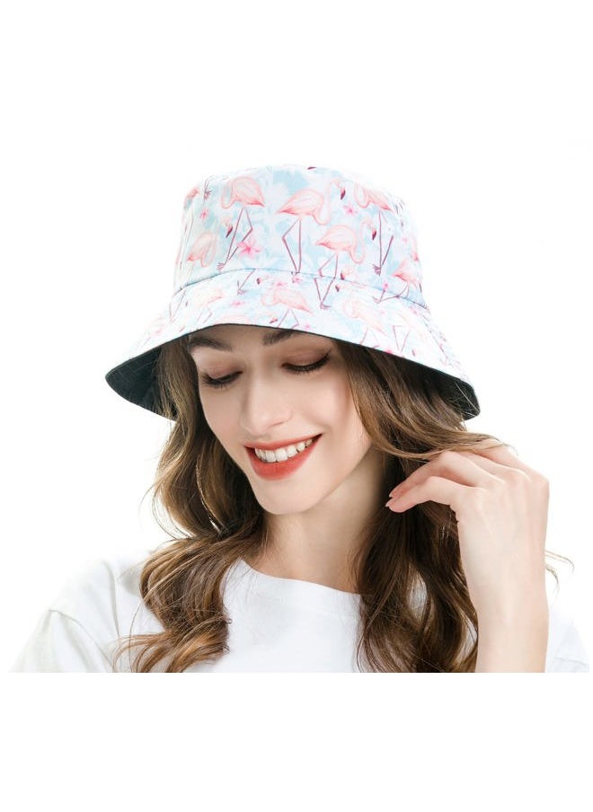 Unisex Cute Animal Print Travel Bucket Hat Summer Fisherman Cap (Flamingo Pastel Blue)