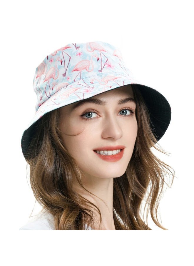 Unisex Cute Animal Print Travel Bucket Hat Summer Fisherman Cap (Flamingo Pastel Blue)