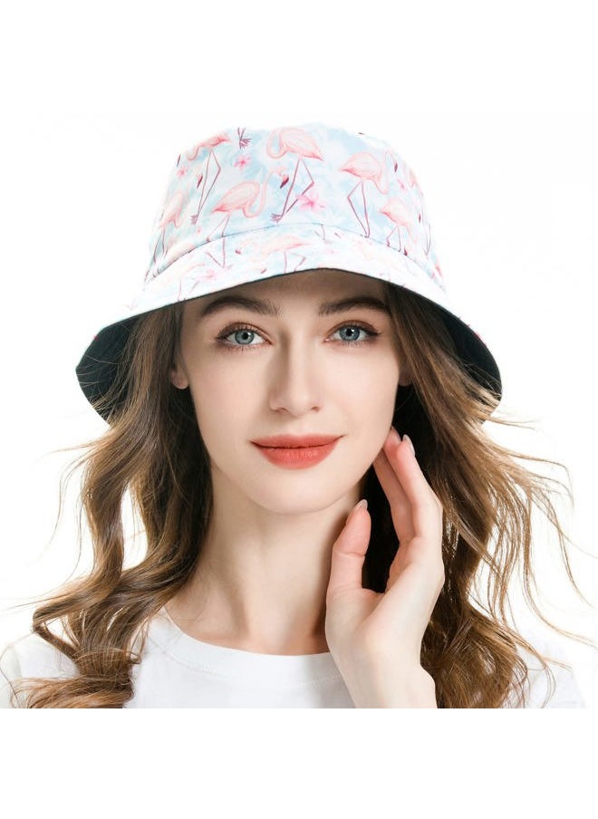 Unisex Cute Animal Print Travel Bucket Hat Summer Fisherman Cap (Flamingo Pastel Blue)