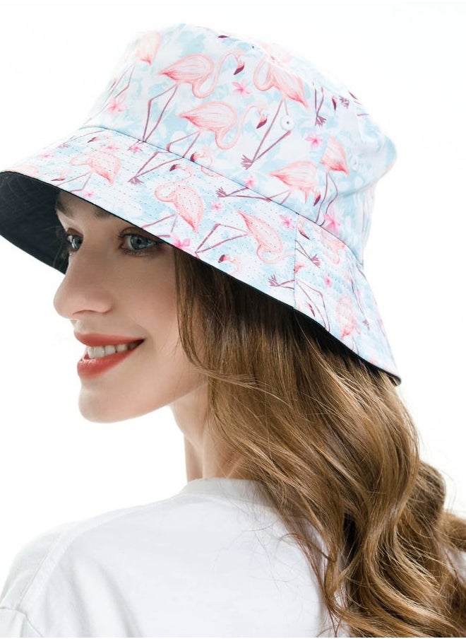 Unisex Cute Animal Print Travel Bucket Hat Summer Fisherman Cap (Flamingo Pastel Blue)