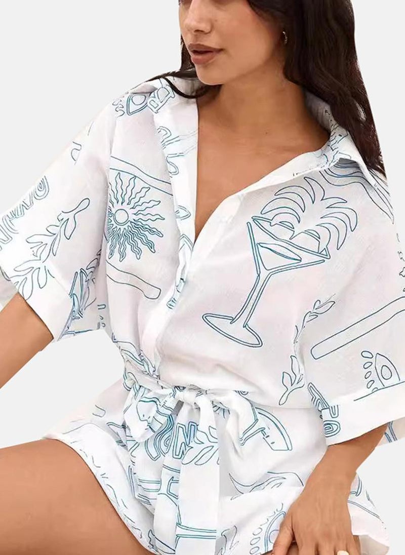 White Printed Shirt Collar Jumpsuit