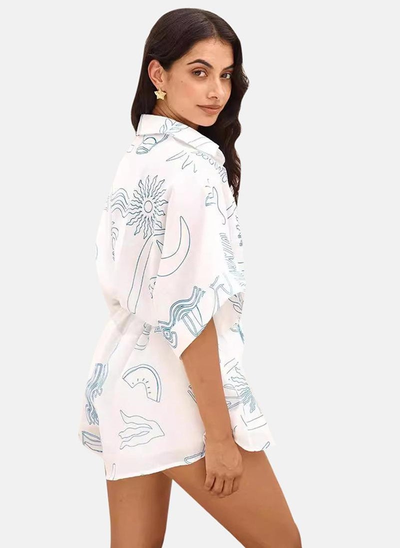 White Printed Shirt Collar Jumpsuit