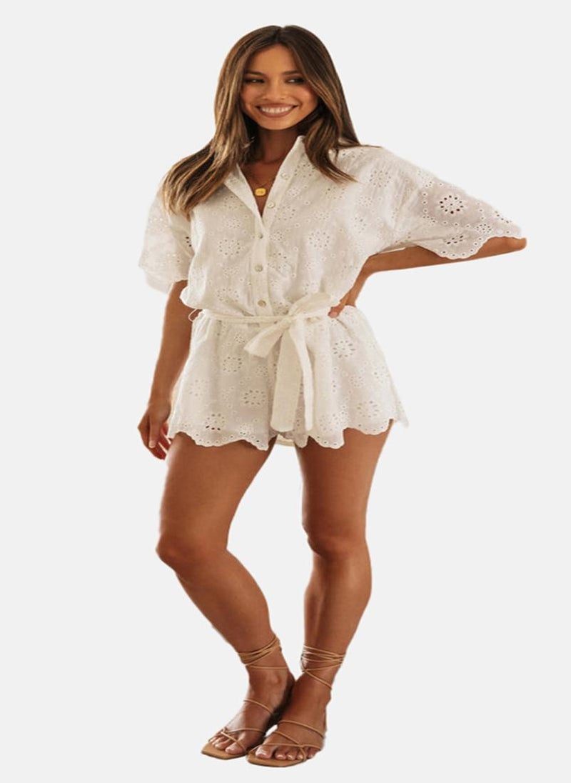 White Self Design Short Sleeves Playsuit