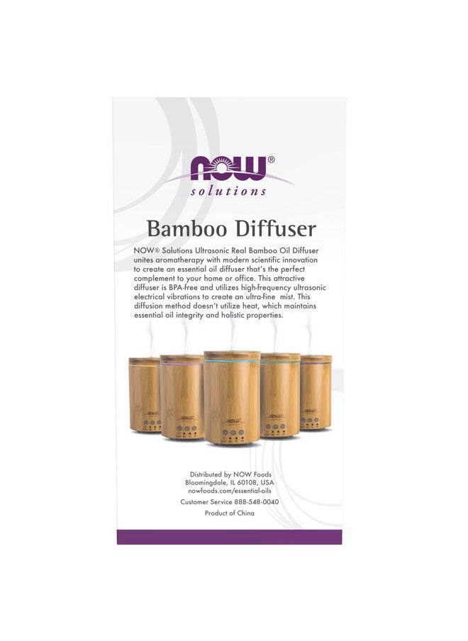 NOW Essential Oils, Ultrasonic Real Bamboo Aromatherapy Oil Diffuser, Extremely Quiet, Heat Free and Easy to Clean, Color Changing LED Diffuser