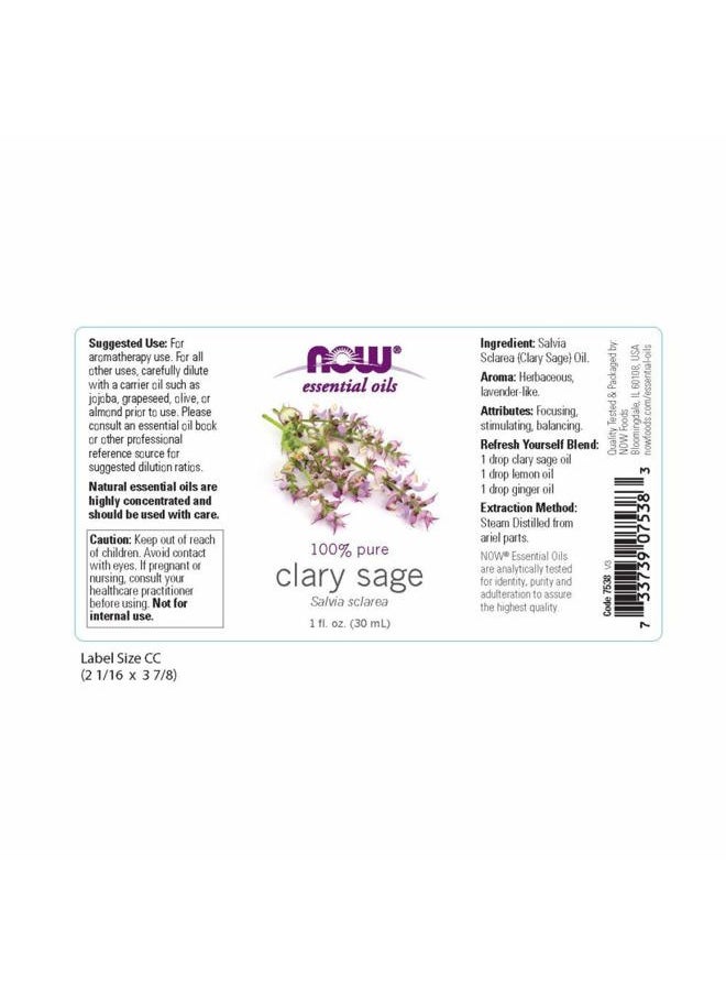 NOW Essential Oils, Clary Sage Oil, Focusing Aromatherapy Scent, Steam Distilled, 100% Pure, Vegan, Child Resistant Cap, 1-Ounce