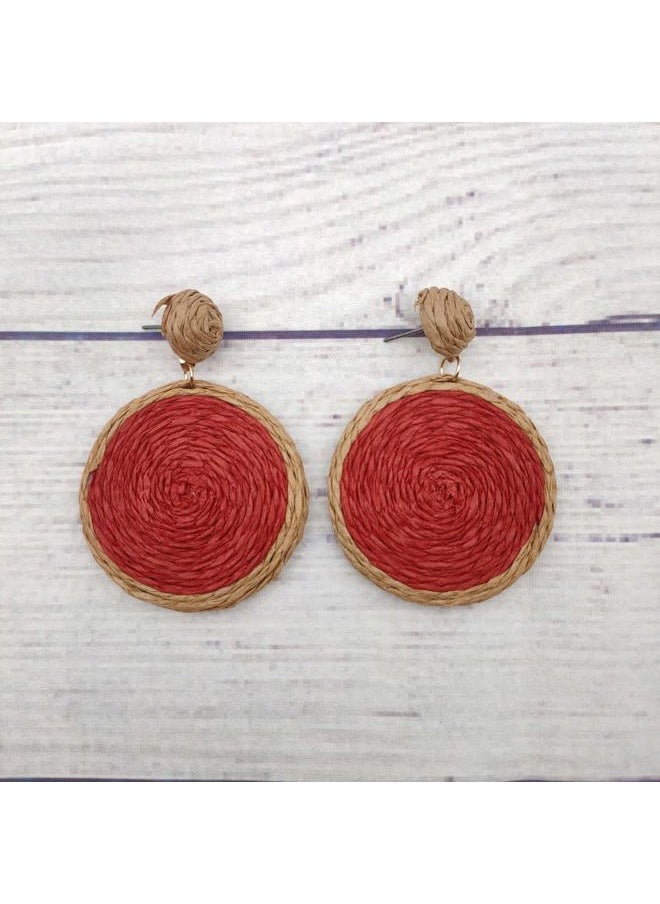 Bohemian Woven Straw Wicker Raffia Rattan Dangle Earrings Geometric Circle Round Statement Drop Earrings for Women Summer Beach Boho Jewelry-straw red