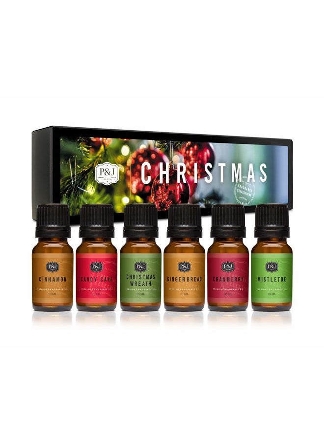 P&J Fragrance Oil Christmas Set | Christmas Wreath, Mistletoe, Candy Cane, Gingerbread, Cinnamon, and Cranberry Candle Scents, Freshie Scents, Candle/Soap Making Supplies