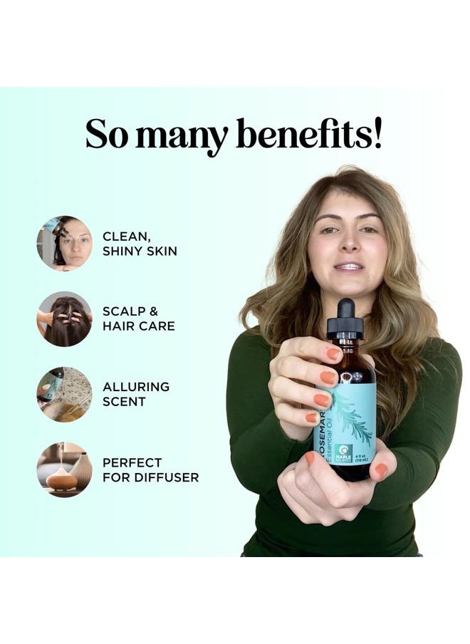 Pure Rosemary Essential Oil with Dropper - Undiluted Rosemary Oil for Hair Skin and Nails and Refreshing Aromatherapy Oil for Diffusers - Essential Oil for Cleansing Dry Scalp Care 4oz