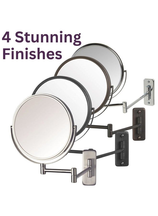 Two-Sided Wall-Mounted Makeup Mirror - Makeup Mirror with 5X Magnification & Wall-Mount Arm - 8-Inch Diameter Mirror with Bronze Finish Wall Mount - Model JP7506BZ
