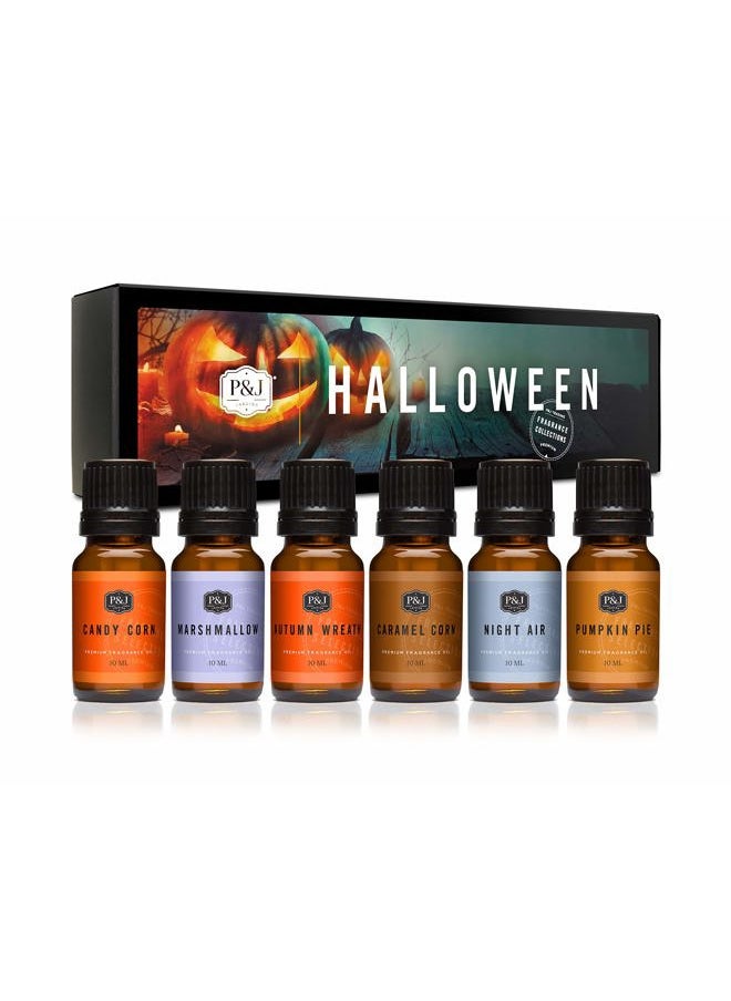 P&J Fragrance Oil Halloween Set | Autumn Wreath, Pumpkin Pie, Candy Corn, Marshmallow, Night Air, and Caramel Corn Candle Freshie Scents for Candle Making, Soap Making Supplies