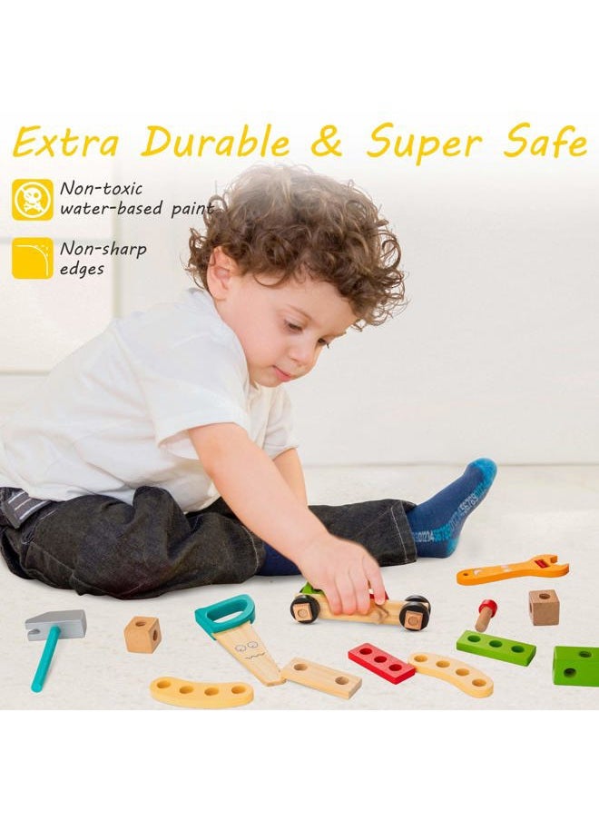 Kids Tool Set with Tool Box & DIY Stickers, Pretend Play STEM Construction Kits for Toddlers 3-5, Montessori Toys for 3 4 5 Year Old, Wooden Play Tools Set, Toddler Boy Toys