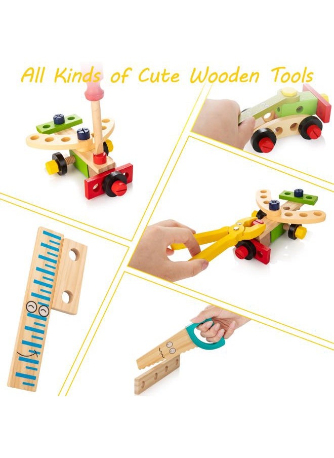 Kids Tool Set with Tool Box & DIY Stickers, Pretend Play STEM Construction Kits for Toddlers 3-5, Montessori Toys for 3 4 5 Year Old, Wooden Play Tools Set, Toddler Boy Toys