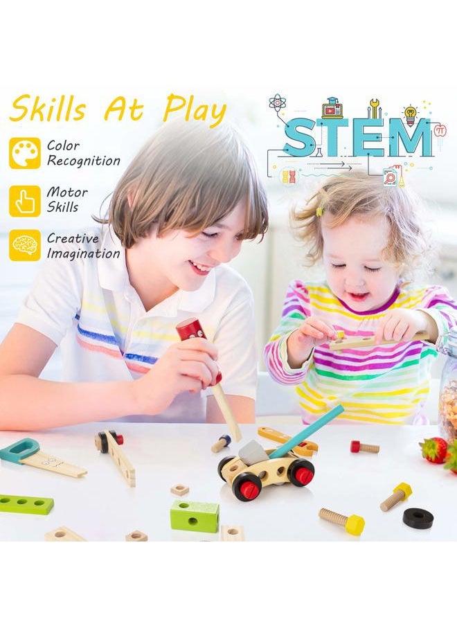 Kids Tool Set with Tool Box & DIY Stickers, Pretend Play STEM Construction Kits for Toddlers 3-5, Montessori Toys for 3 4 5 Year Old, Wooden Play Tools Set, Toddler Boy Toys