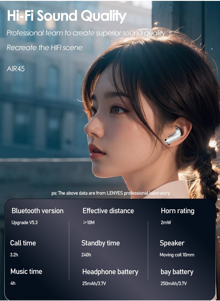 LENYES AIR-45 In-ear Earphones, Wireless Bluetooth 5.3. In-ear Earphones, True Wireless Earbuds, 3 Hours of Music Playback on a 10-Minute Charge, Compact and Comfortable