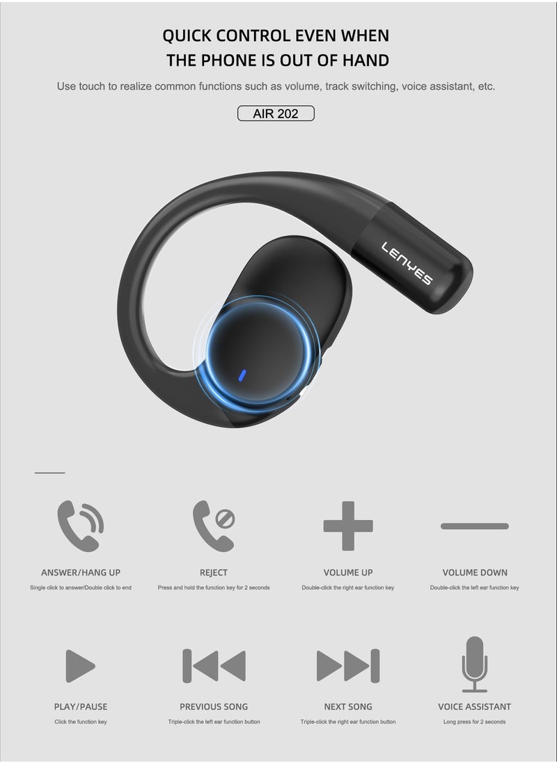 LENYES AIR202 Open Ear Air Conduction Headphones, Bluetooth 5.3 Wireless Earphones with Ear Hooks, IPX4 Immersive Stereo Sound Waterproof Headset for Workout/Gym/Running and More Black