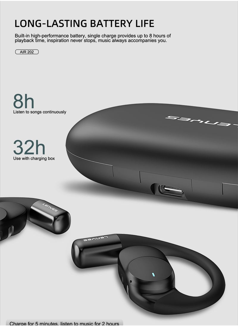 LENYES AIR202 Open Ear Air Conduction Headphones, Bluetooth 5.3 Wireless Earphones with Ear Hooks, IPX4 Immersive Stereo Sound Waterproof Headset for Workout/Gym/Running and More Black