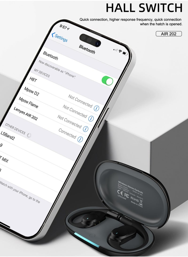 LENYES AIR202 Open Ear Air Conduction Headphones, Bluetooth 5.3 Wireless Earphones with Ear Hooks, IPX4 Immersive Stereo Sound Waterproof Headset for Workout/Gym/Running and More Black