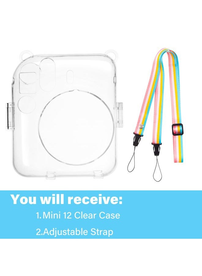Clear Case Compatible with Fuji Instax Mini 12 - Hard Carrying Case Bag for Fujifilm Instax Mini 12 Instant Camera - PC Cover with Rainbow Shoulder Strap