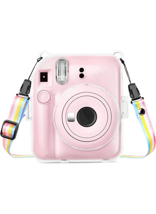 Clear Case Compatible with Fuji Instax Mini 12 - Hard Carrying Case Bag for Fujifilm Instax Mini 12 Instant Camera - PC Cover with Rainbow Shoulder Strap