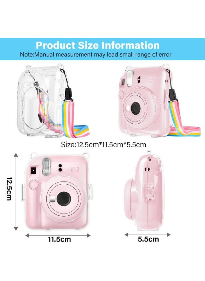 Clear Case Compatible with Fuji Instax Mini 12 - Hard Carrying Case Bag for Fujifilm Instax Mini 12 Instant Camera - PC Cover with Rainbow Shoulder Strap