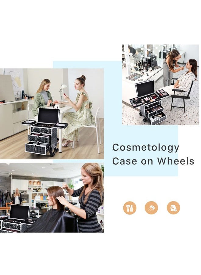 Professional Rolling Makeup Case Aluminum Trolley Train Case with 360° Swivel Wheels for Makuep Artist Travel Cosmetic Organizer with Sliding Drawers for Nail Tech Hairstylist Barber, Black