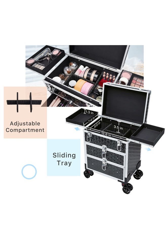 Professional Rolling Makeup Case Aluminum Trolley Train Case with 360° Swivel Wheels for Makuep Artist Travel Cosmetic Organizer with Sliding Drawers for Nail Tech Hairstylist Barber, Black