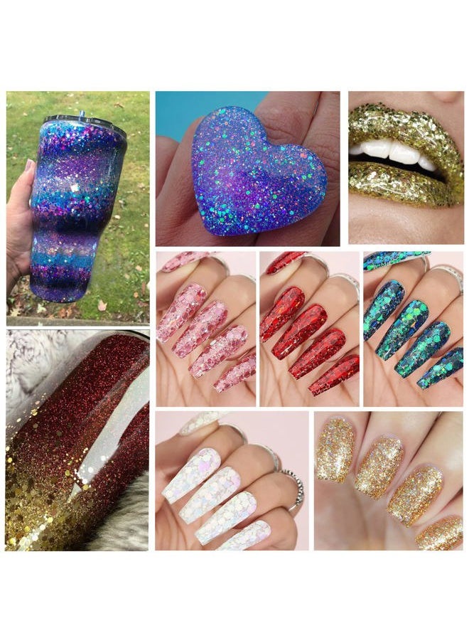 2 Colors of Holographic Chunky Glitter with Quick Dry Glue Pack 5, 4 Pots Total 40g Multi-Shaped for Body Hair Face Eyes Make-up, Nail Art and Bedazzling in Party/Concert/Events Glitter