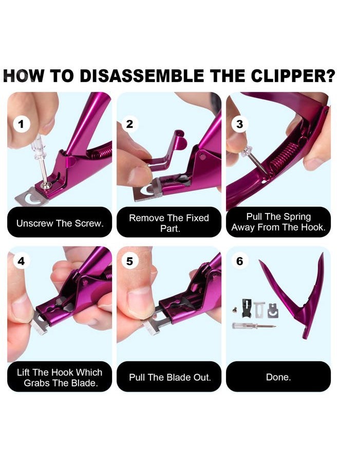 Violet Red Premium Adjustable Nail Clippers with Magnets Sizers for Acrylic Nails, Stainless Steel Nail Cutter Trimmer for Artificial Fake False Tips Manicure Sharp Blade Clip Tool for Salon Beauty