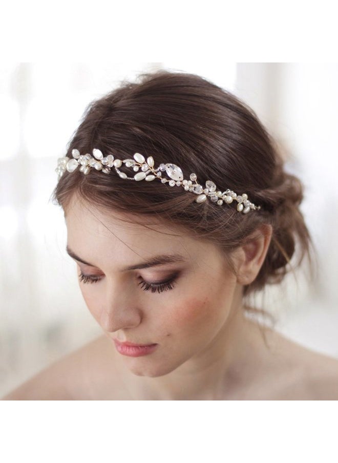 Wedding Bridal Headband with Pearl Crystal Headpiece for Women Girls Prom Headpiece Vintage Boho Tiara Bridesmaid Hair Accessories (Rose Gold)