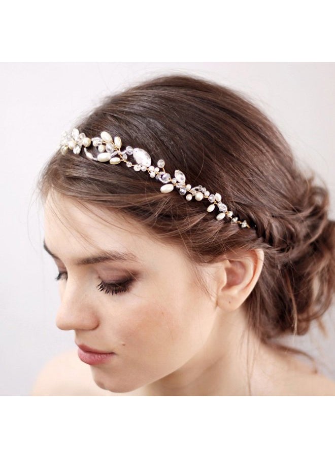 Wedding Bridal Headband with Pearl Crystal Headpiece for Women Girls Prom Headpiece Vintage Boho Tiara Bridesmaid Hair Accessories (Rose Gold)