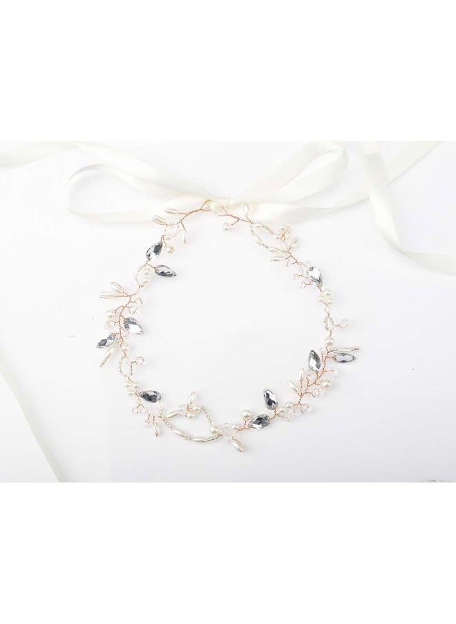 Wedding Bridal Headband with Pearl Crystal Headpiece for Women Girls Prom Headpiece Vintage Boho Tiara Bridesmaid Hair Accessories (Rose Gold)