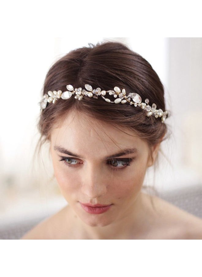 Wedding Bridal Headband with Pearl Crystal Headpiece for Women Girls Prom Headpiece Vintage Boho Tiara Bridesmaid Hair Accessories (Rose Gold)
