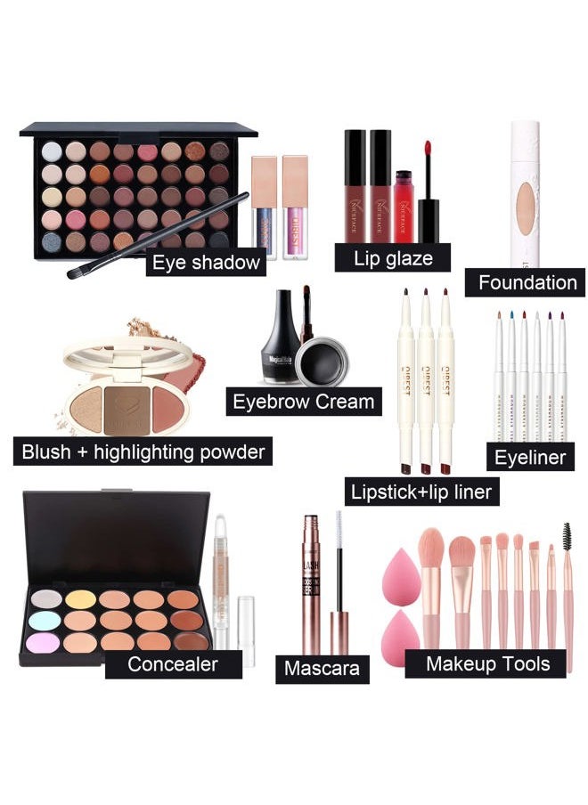 All-in-One Holiday Gift Surprise Makeup Set Essential Starter Bundle Include Eyeshadow Palette Lipstick Concealer Blush Mascara Eyeliner Face Powder Lipgloss Brush - Full Makeup Kit for Women