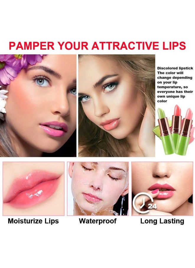 Aloe vera Color Changing Lipstick,Moisturizer Long Lasting Lip Care Magic Lip Gloss,Makeup Lipstick Set (3pcs Aloe+Strawberry+ Peach, 3 Count (Pack of 1))